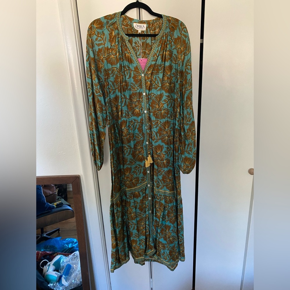 Omika Floral Midi Dress - Teal and Brown